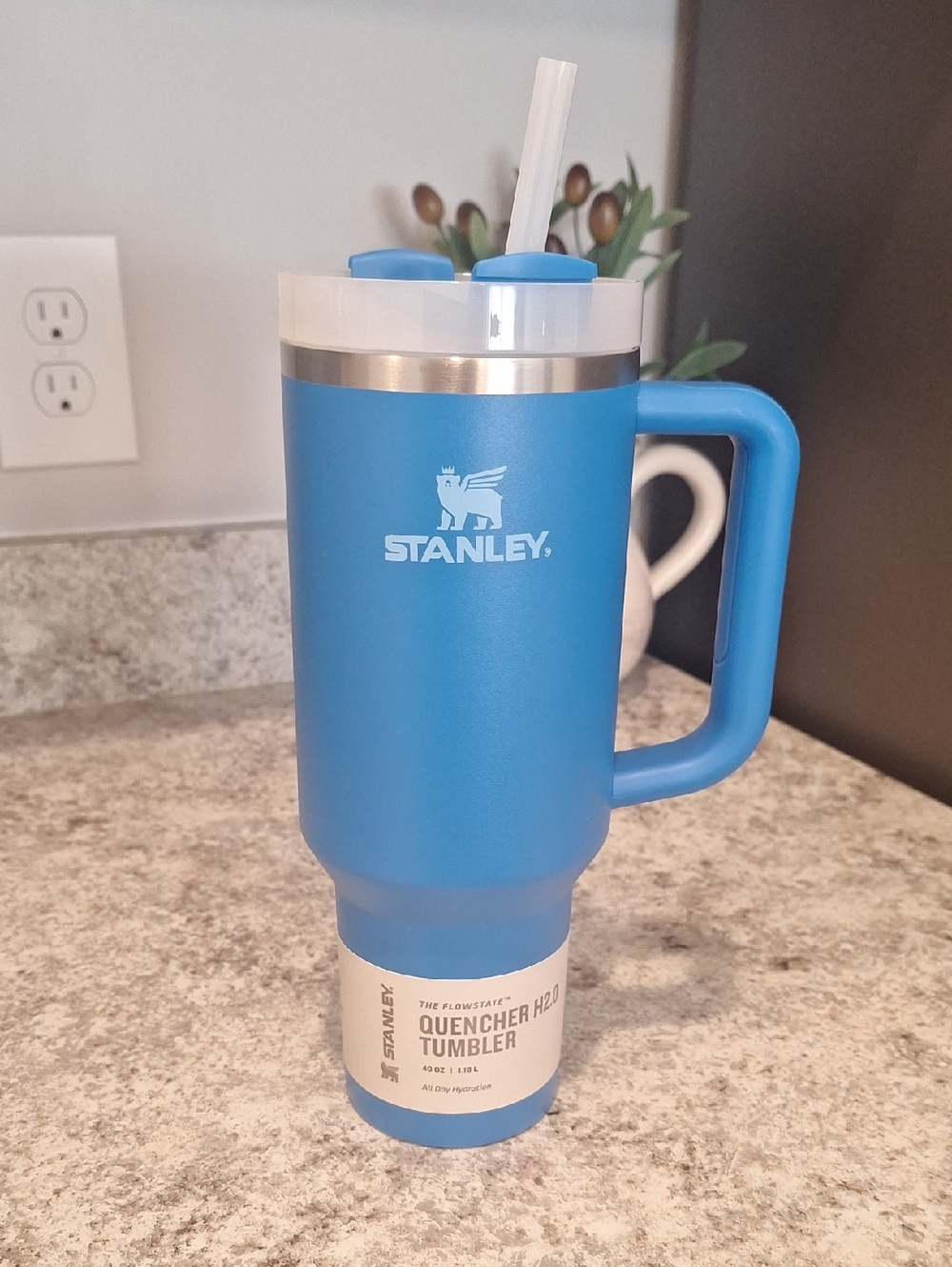 Stanley Blue Travel Tumbler with Handle and Straw 40 Oz